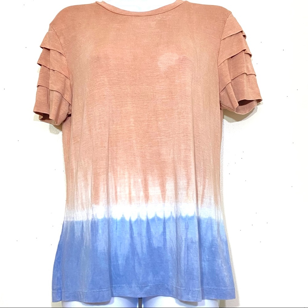 IL SHIN tie dye tee TAN, WHITE & BLUE tiered short sleeve crew neck top size G